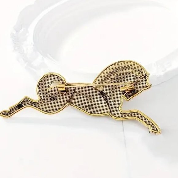 Horse Brooch VTG Art Deco Style Pin Textured Trojan Gold / Silver Metal Egyptian - Picture 4 of 5